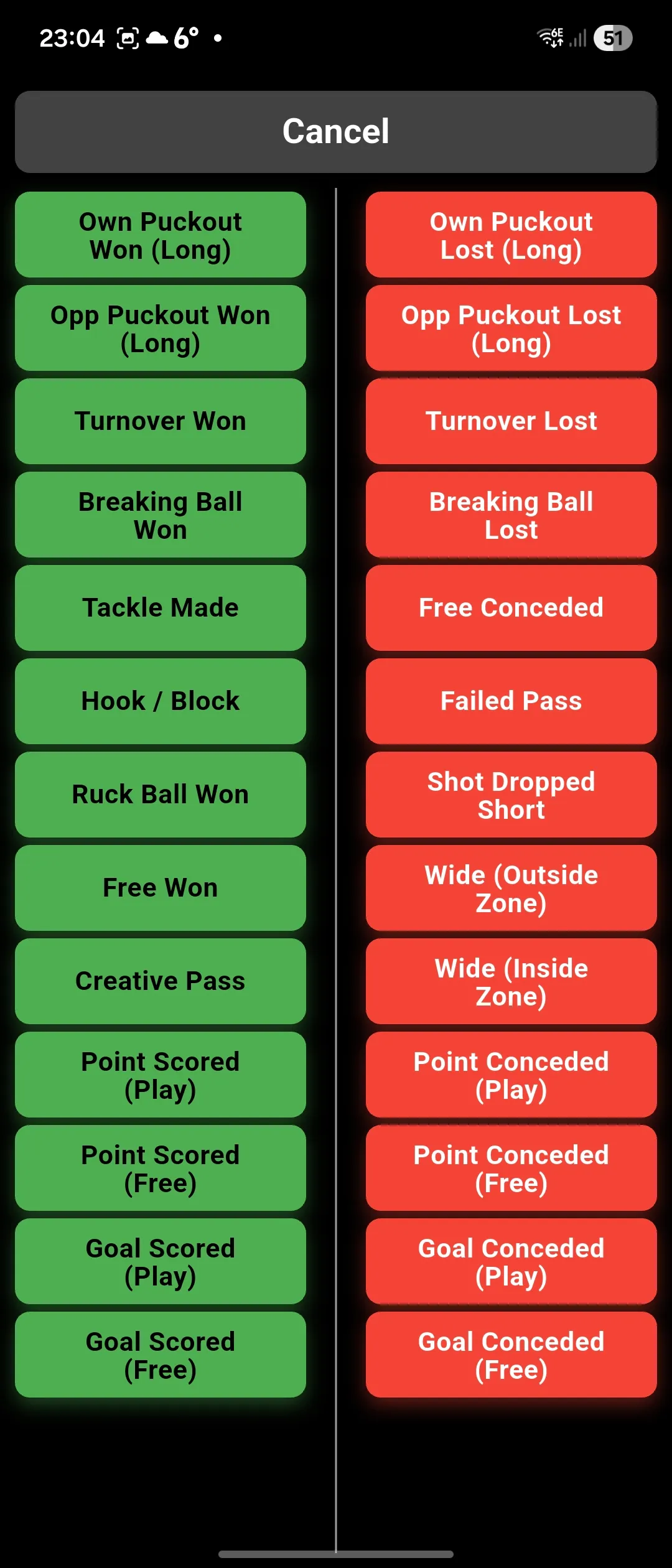 Event Logging screen from the hurling and camogie app with positive and negative action buttons.