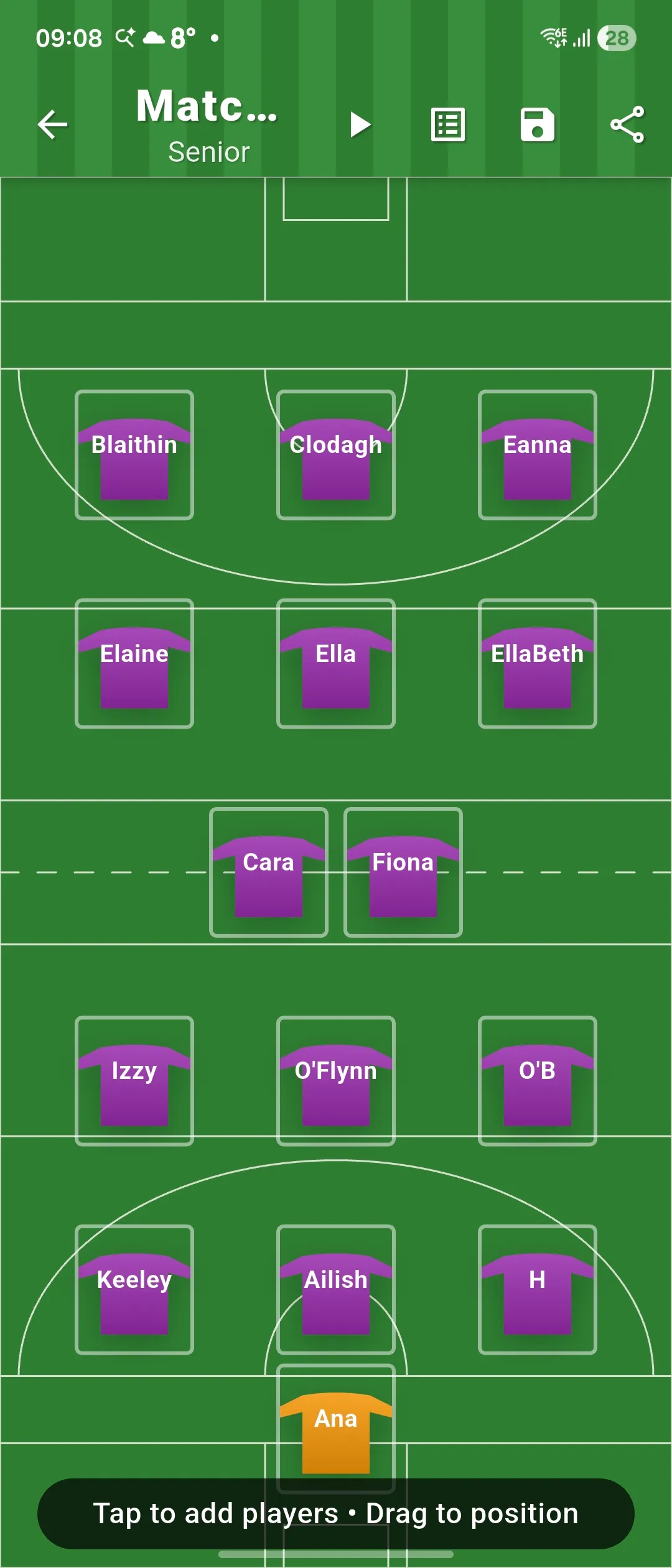 Formation Match screen from the camogie and Ladies Gaelic Football workflow showing players positioned across the pitch.