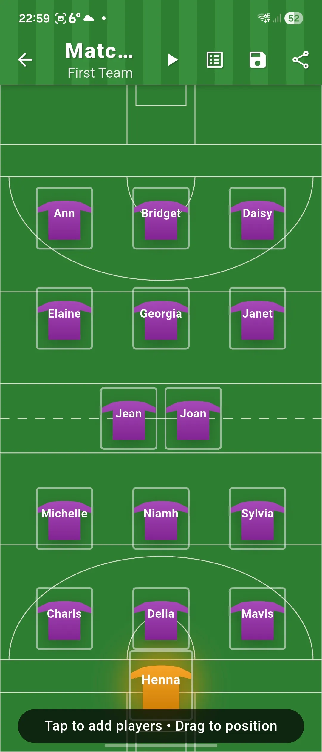 Formation Match screen from the camogie app showing players positioned across the pitch.