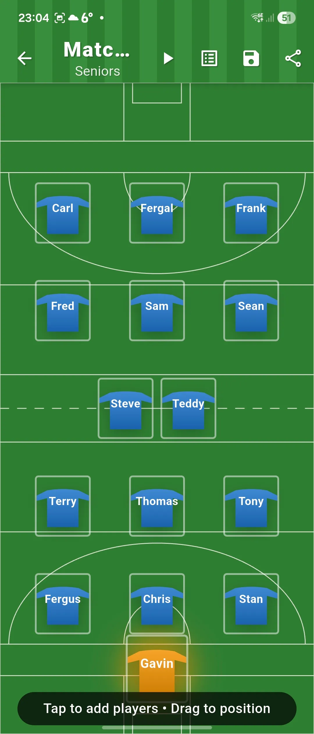 GAA football formation screen showing players positioned across the pitch before the live match begins.