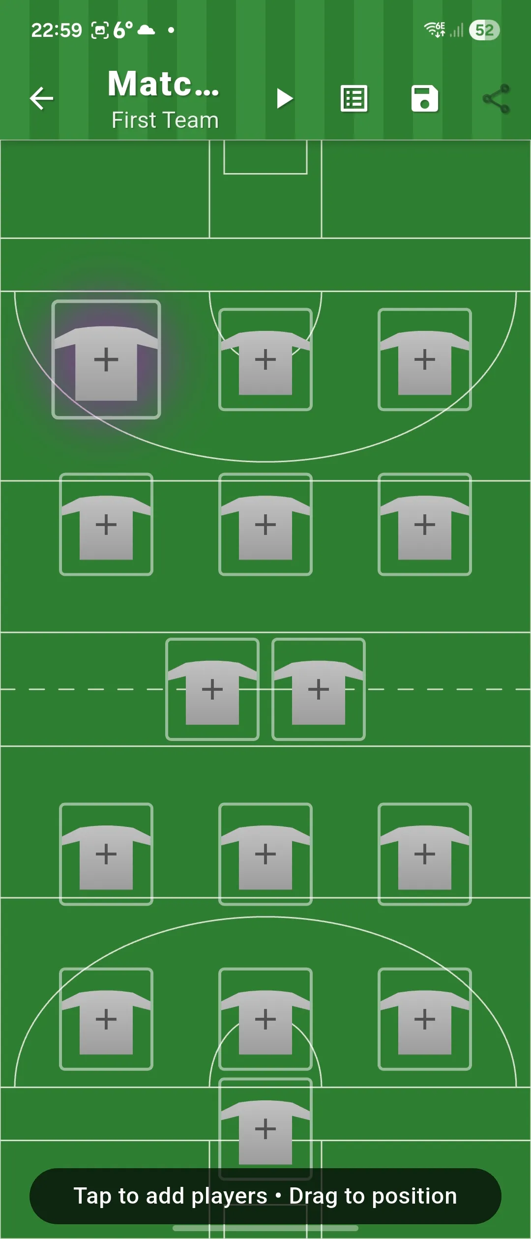 Gaelic games formation editor showing an empty tactical pitch before players are assigned.