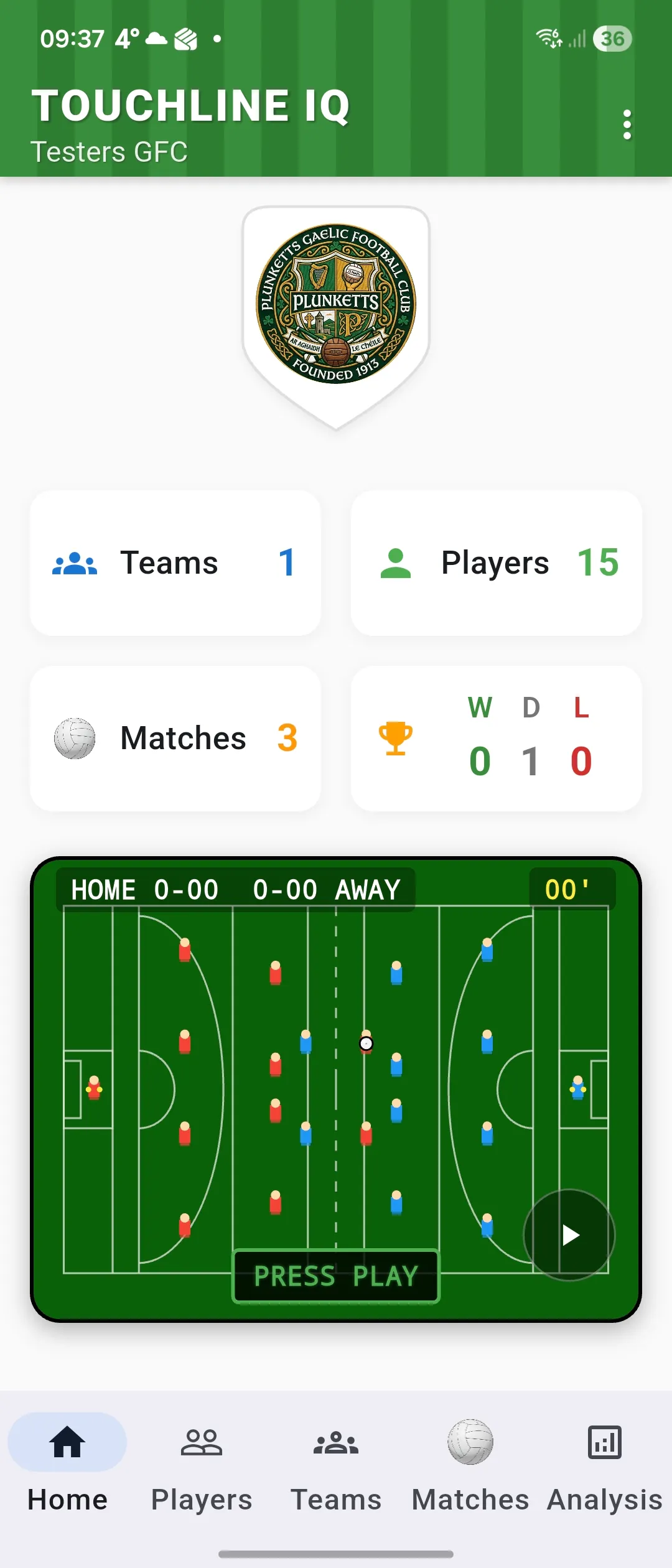 GAA football home screen with quick actions, club badge, and a live match preview.