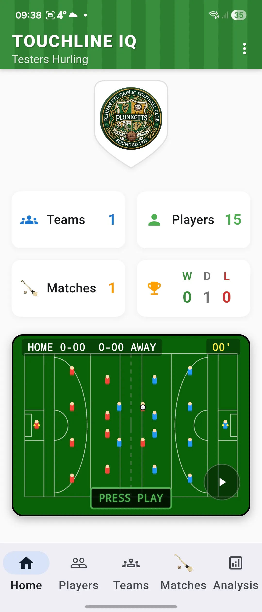 Hurling homescreen with club context, quick actions, and matchday shortcuts.