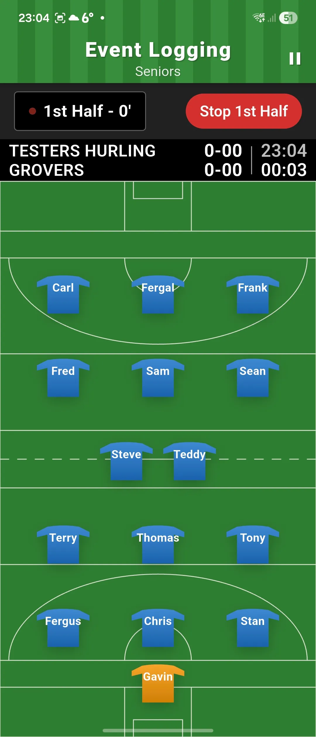 Live hurling formation screen showing players positioned across the pitch with match context.