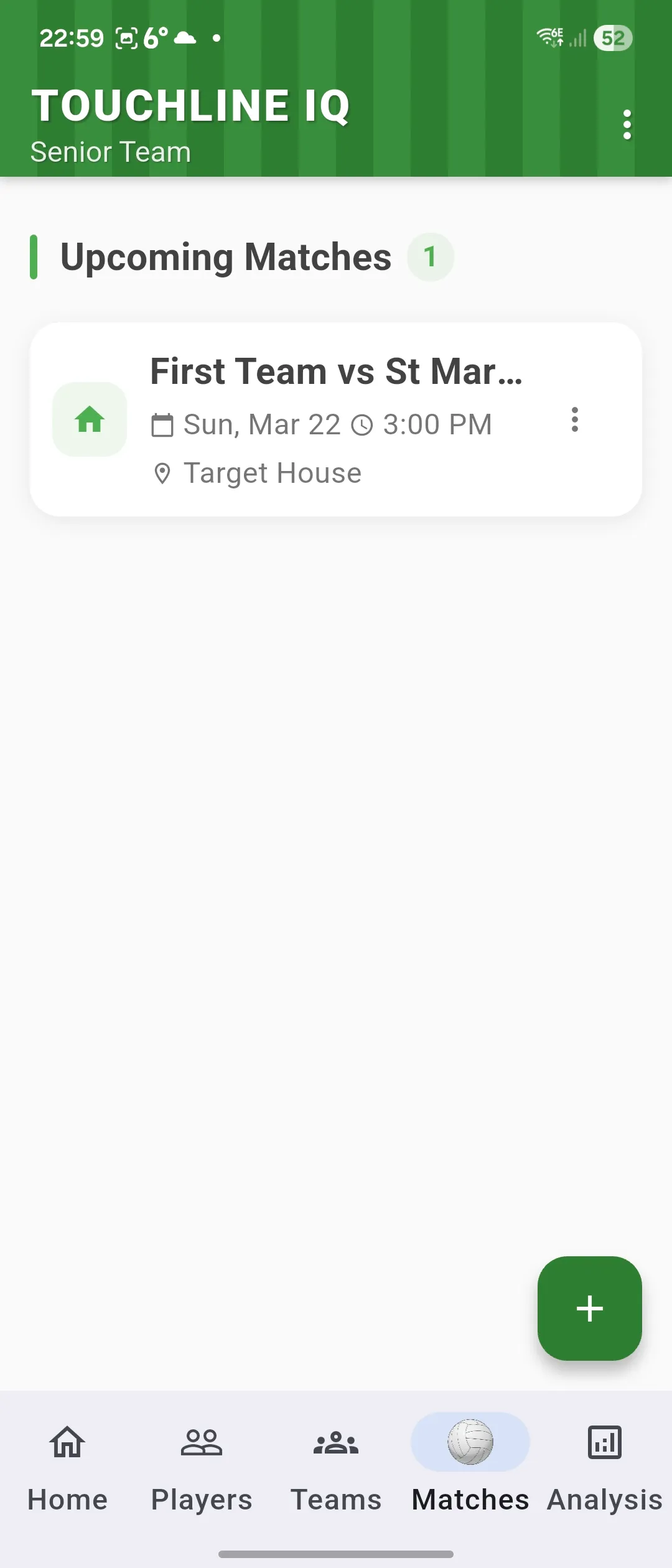 Gaelic football match list screen for football and ladies football, showing existing fixtures and results.
