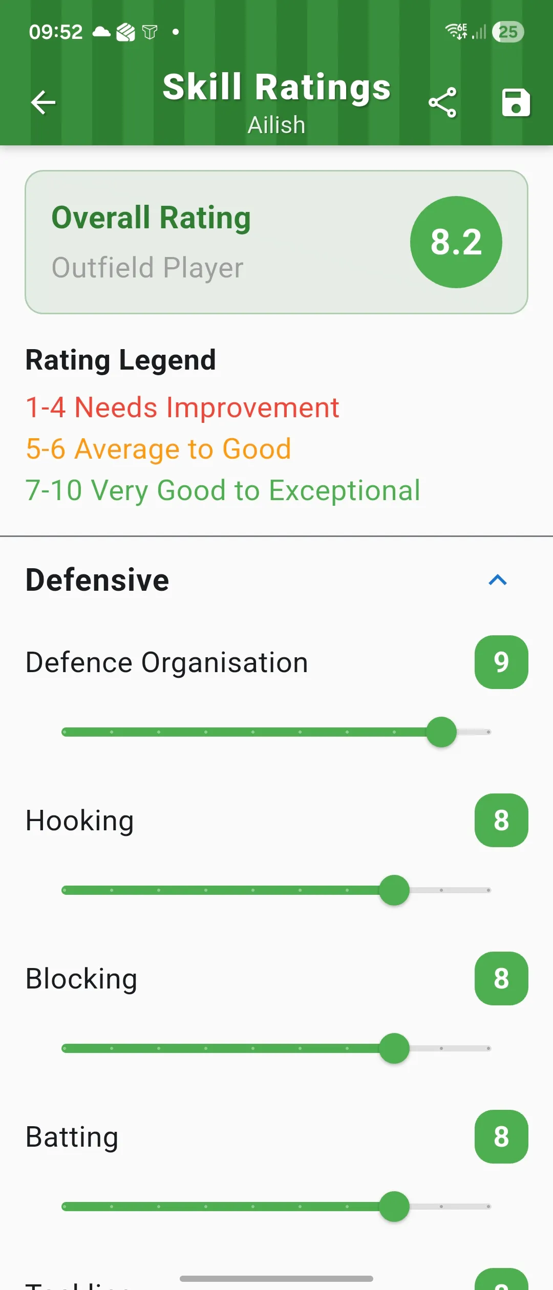 Player skill ratings screen showing grouped categories, an overall score, and individual skill sliders.