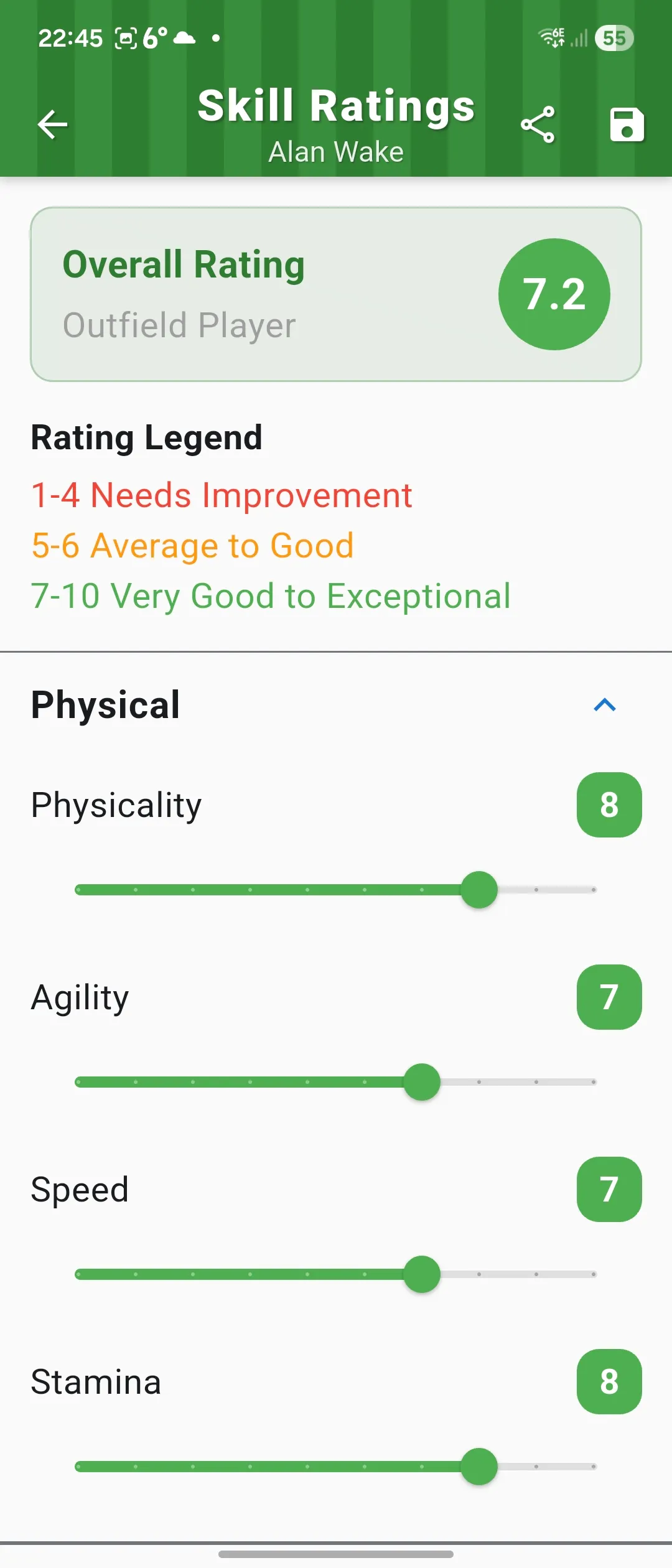 Player Skill Ratings screen showing overall rating and detailed sliders for individual skills.